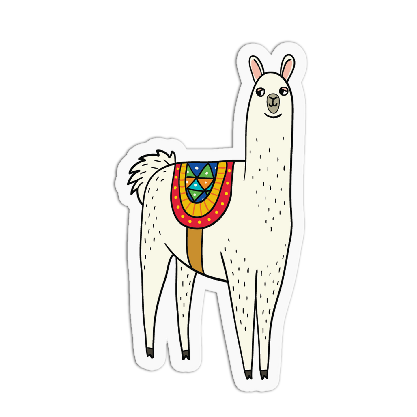 A die-cut sticker featuring a cartoon llama with a colorful decorative saddle blanket, shown on a plain white background.