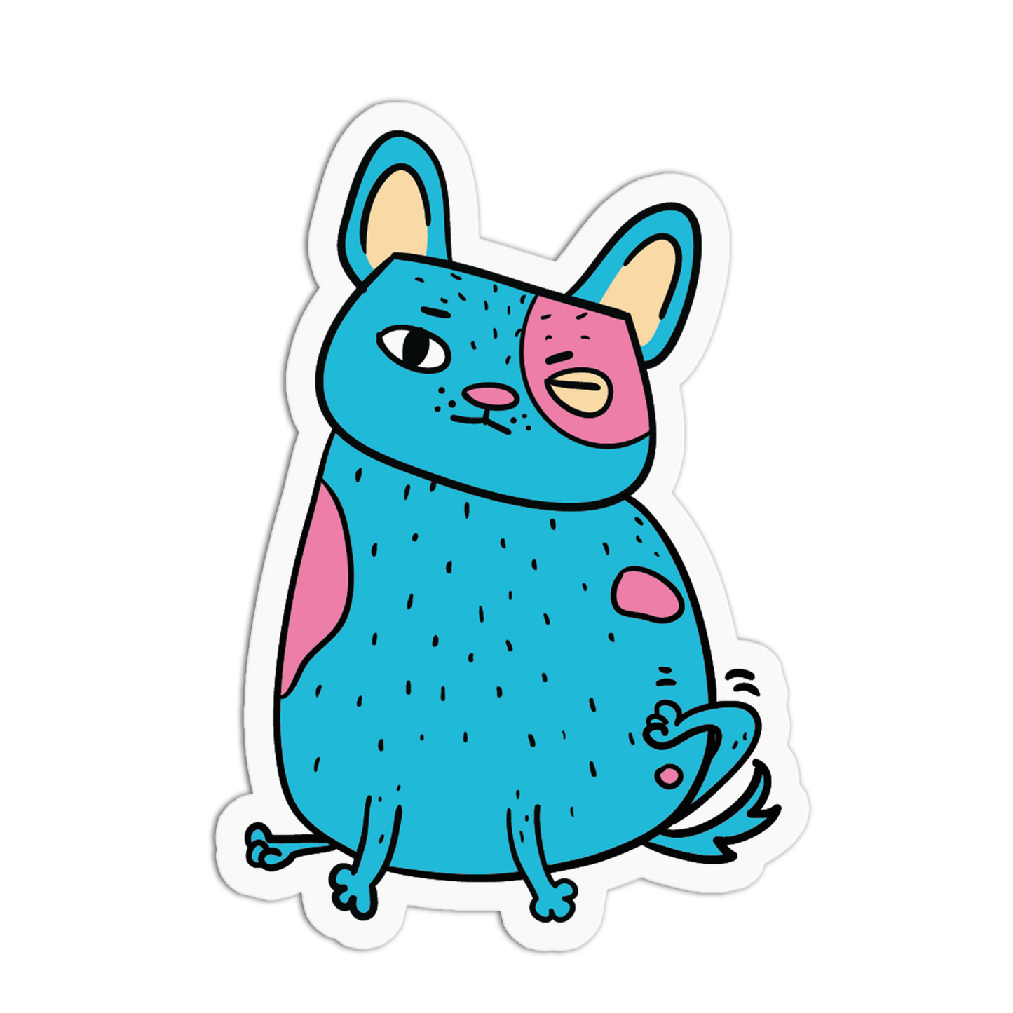 A die-cut vinyl sticker featuring a cartoon French Bulldog with a split blue and pink face, set against a plain white background.