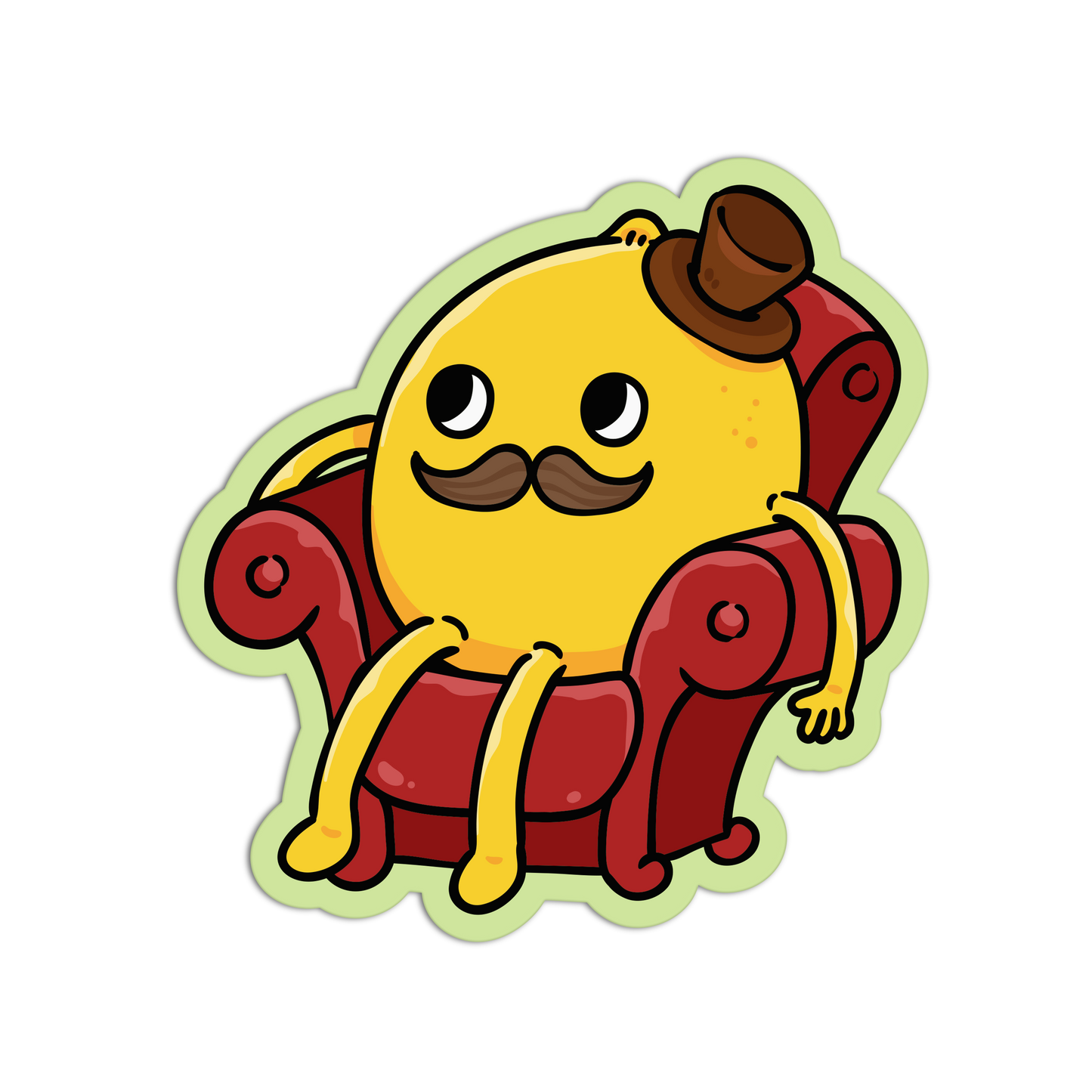 A cartoon-style die-cut sticker featuring a round yellow character with a brown mustache and top hat sitting in a red armchair, shown on a plain white background.