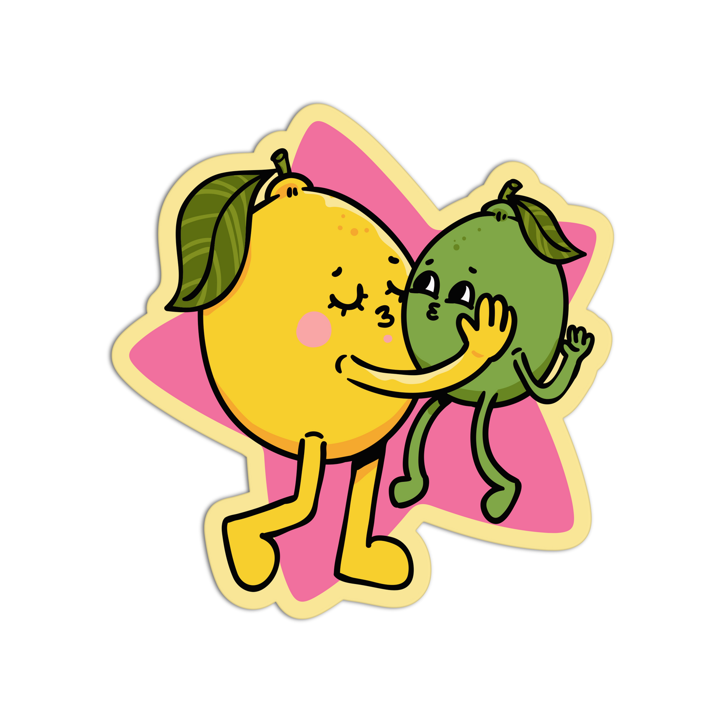 A die-cut cartoon sticker featuring a yellow lemon character hugging a green lime character, set against a pink star outline with a white border.