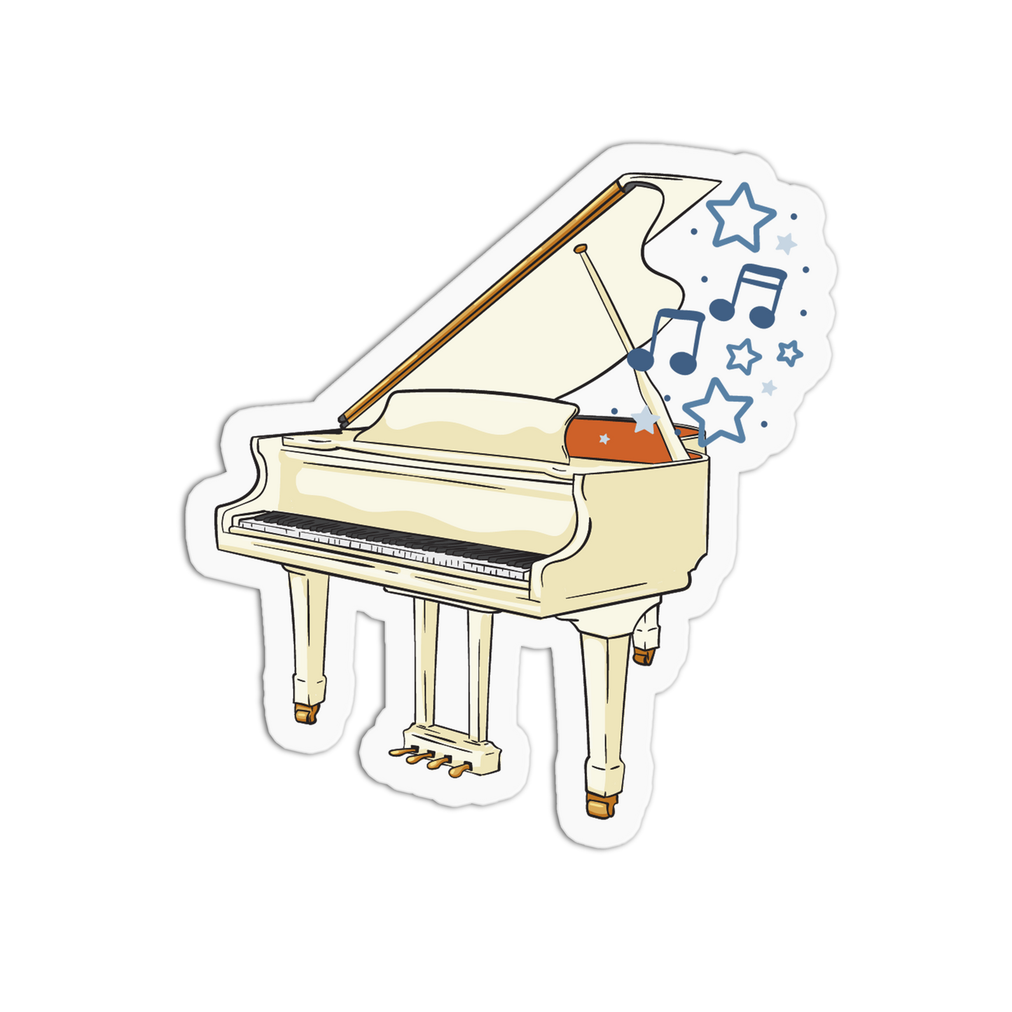 A die-cut sticker featuring an illustration of a cream-colored grand piano with blue musical notes and stars coming from inside the open lid, shown on a plain white background.