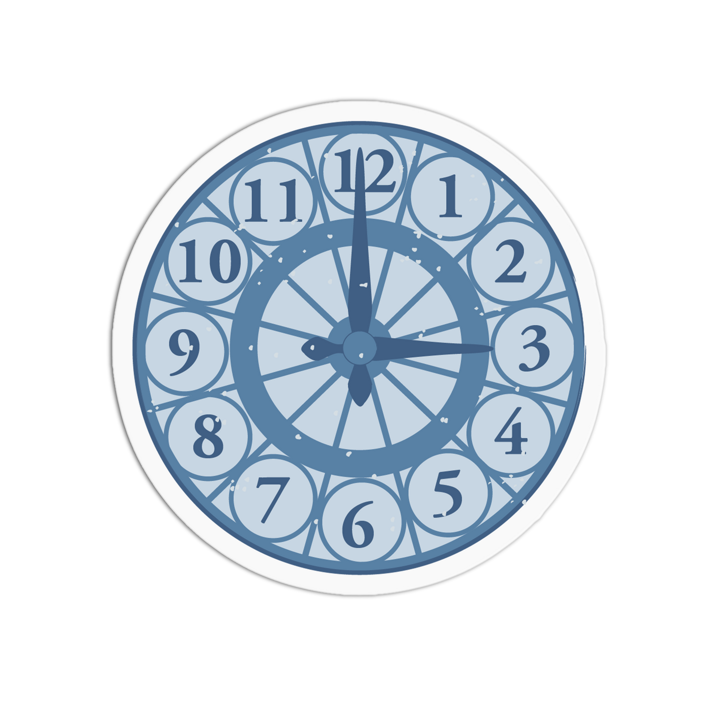 A round wall clock with a blue and white geometric design, featuring large numerals from 1 to 12 and blue hands, shown against a plain white background.