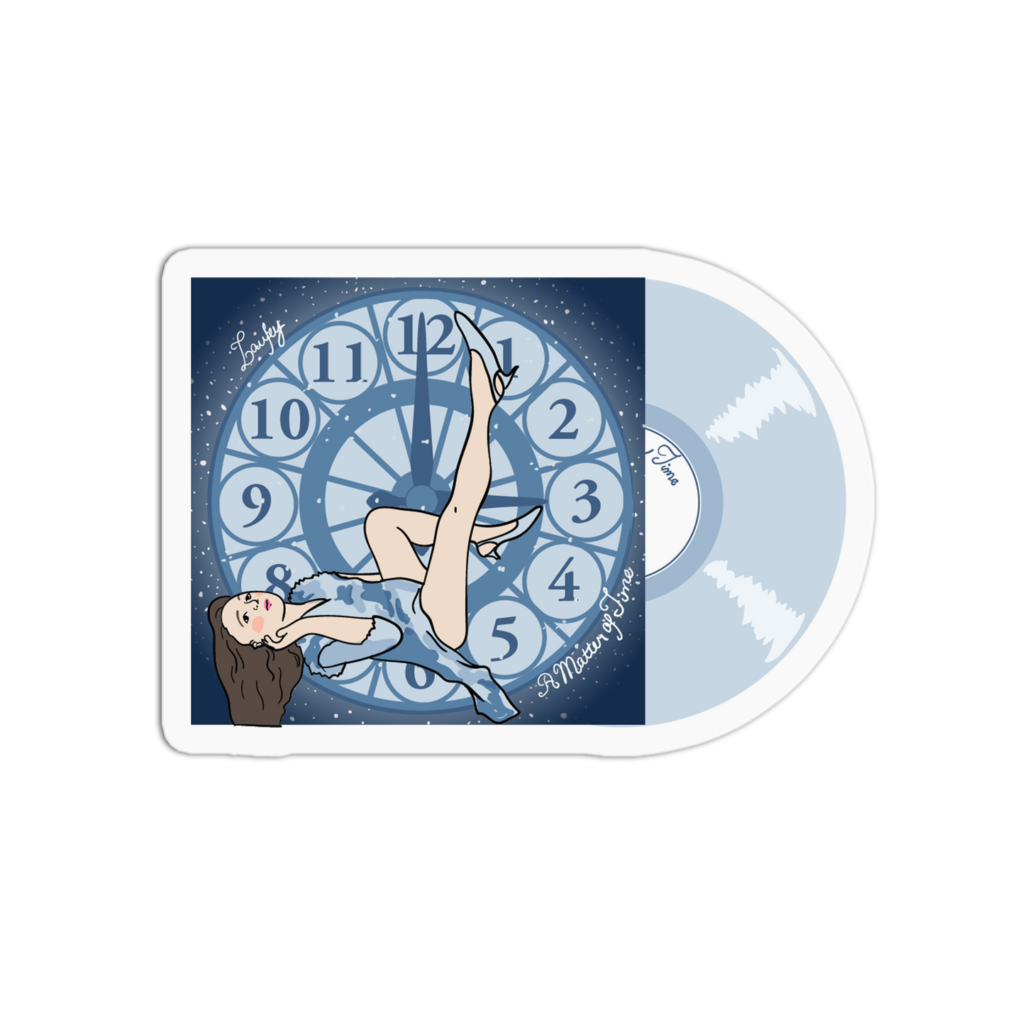 A vinyl record mockup with a die-cut sticker or cover design in front. The artwork shows a retro pin-up illustration of a woman in front of a large clock face with numbers, on a dark blue background.