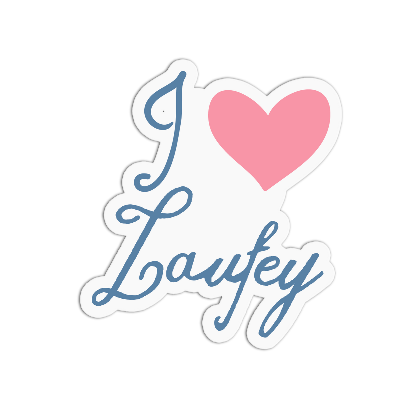 A die-cut sticker featuring the text 'I' in blue script, a pink heart, and 'Laufey' in blue cursive, on a white background with a thin white border.