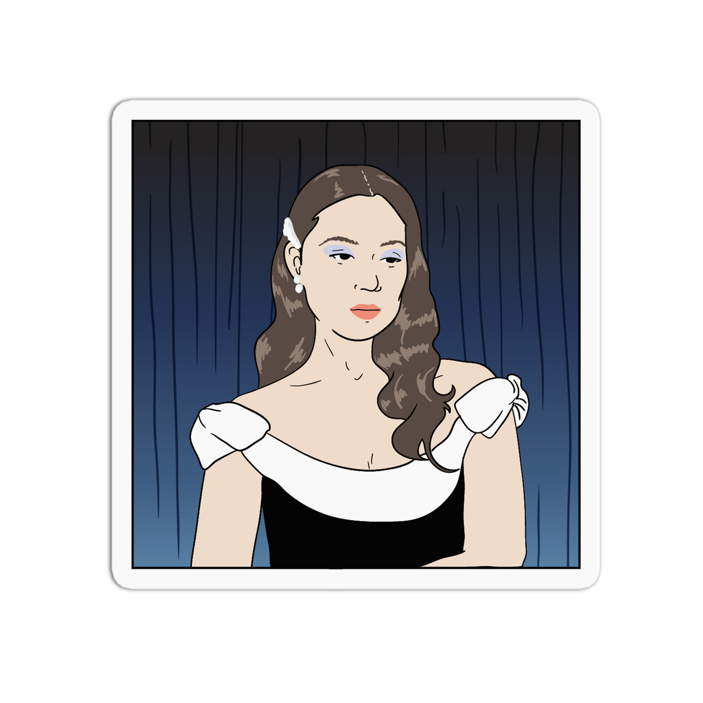 A square illustrated art print featuring a stylized portrait of a woman with brown hair, blue eyes, and a black-and-white dress against a dark blue curtain background, shown with a white border on a light gray field.