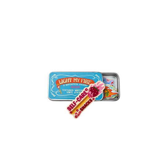 Small tin with colorful design and text on a white background