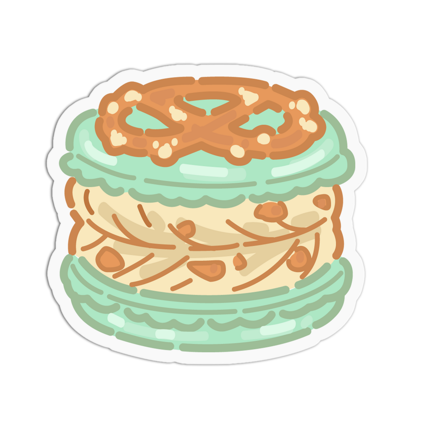 A die-cut sticker featuring a cute, cartoon-style illustration of a macaron with a pretzel topping, set against a plain white background.