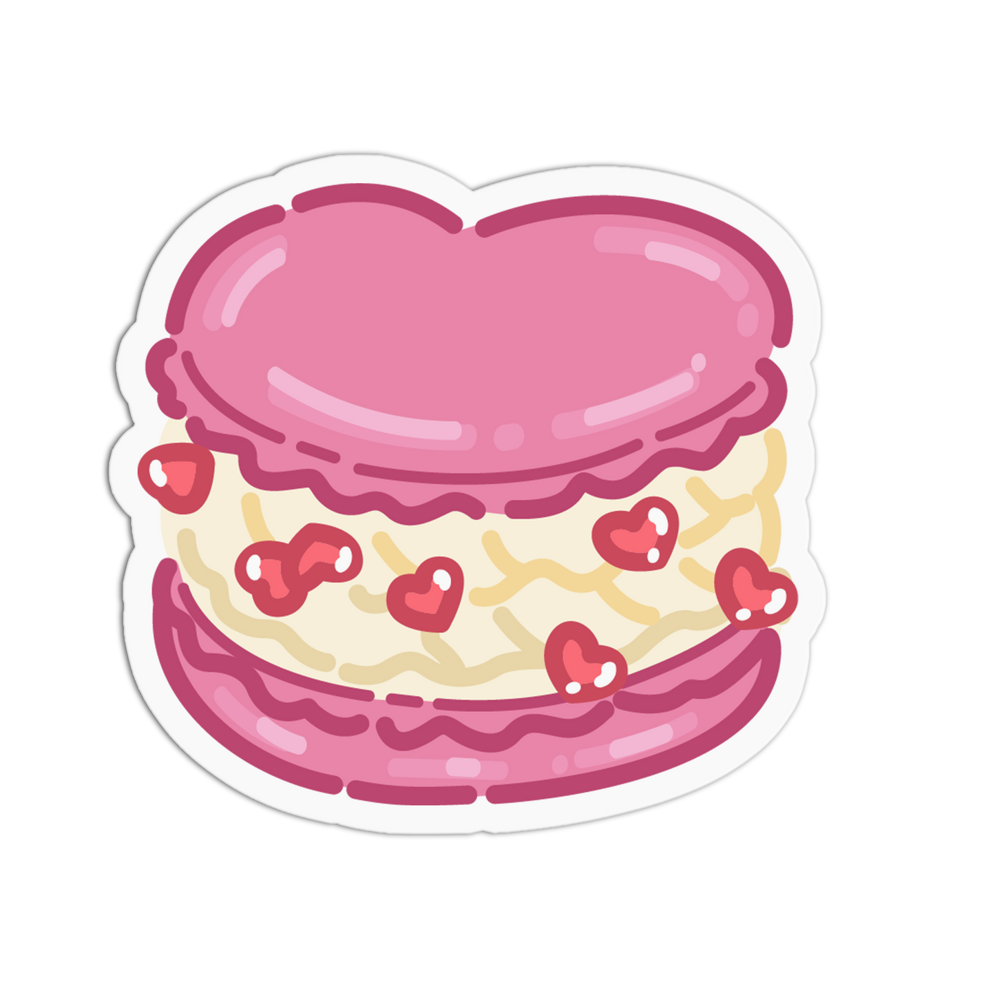 A die-cut sticker featuring a cute pink macaron with cream filling and small red hearts, shown on a plain white background.