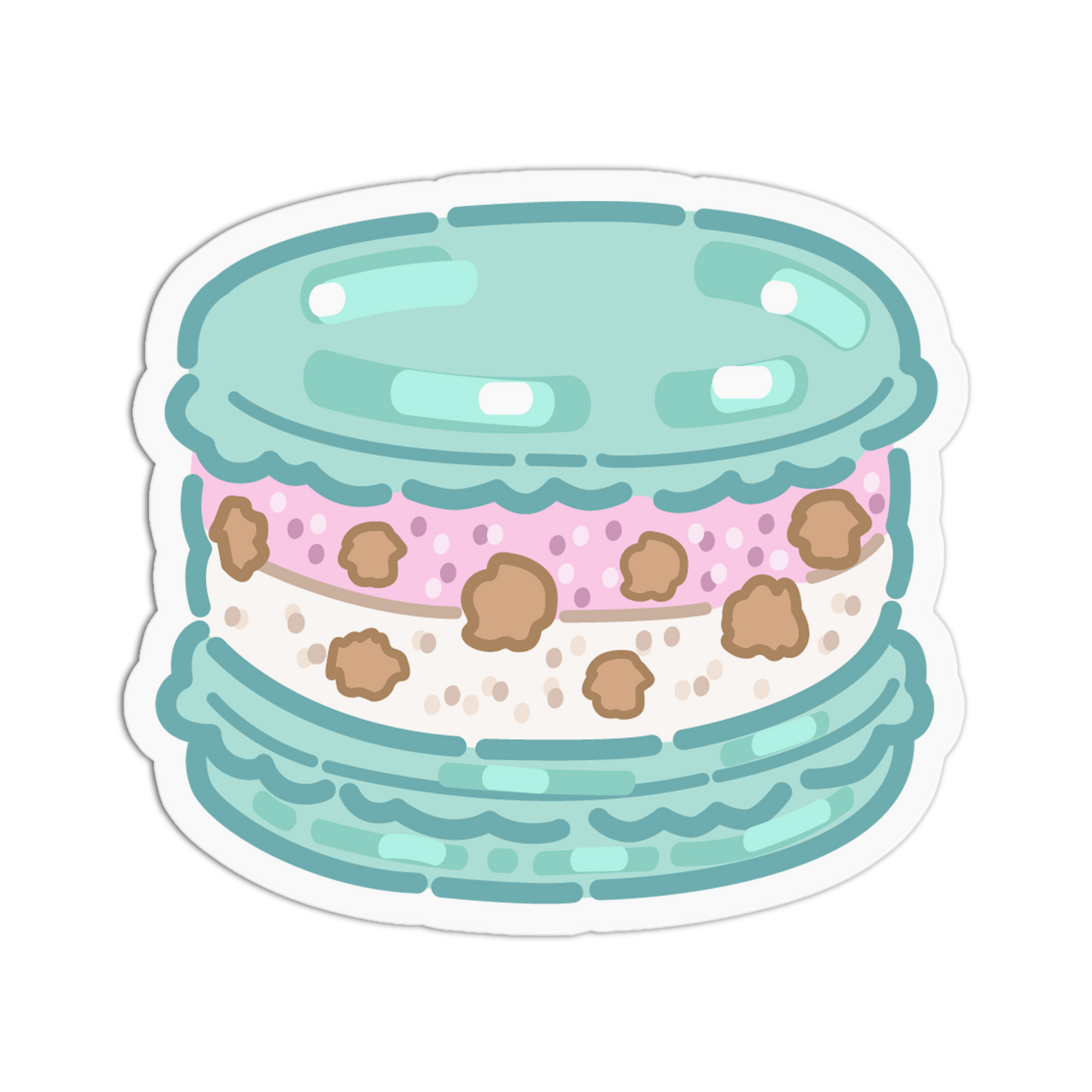 A die-cut sticker featuring a cute, stylized illustration of a French macaron with a light blue top and bottom, a pink polka-dotted middle layer, and brown cookie crumbs, shown on a plain white background.