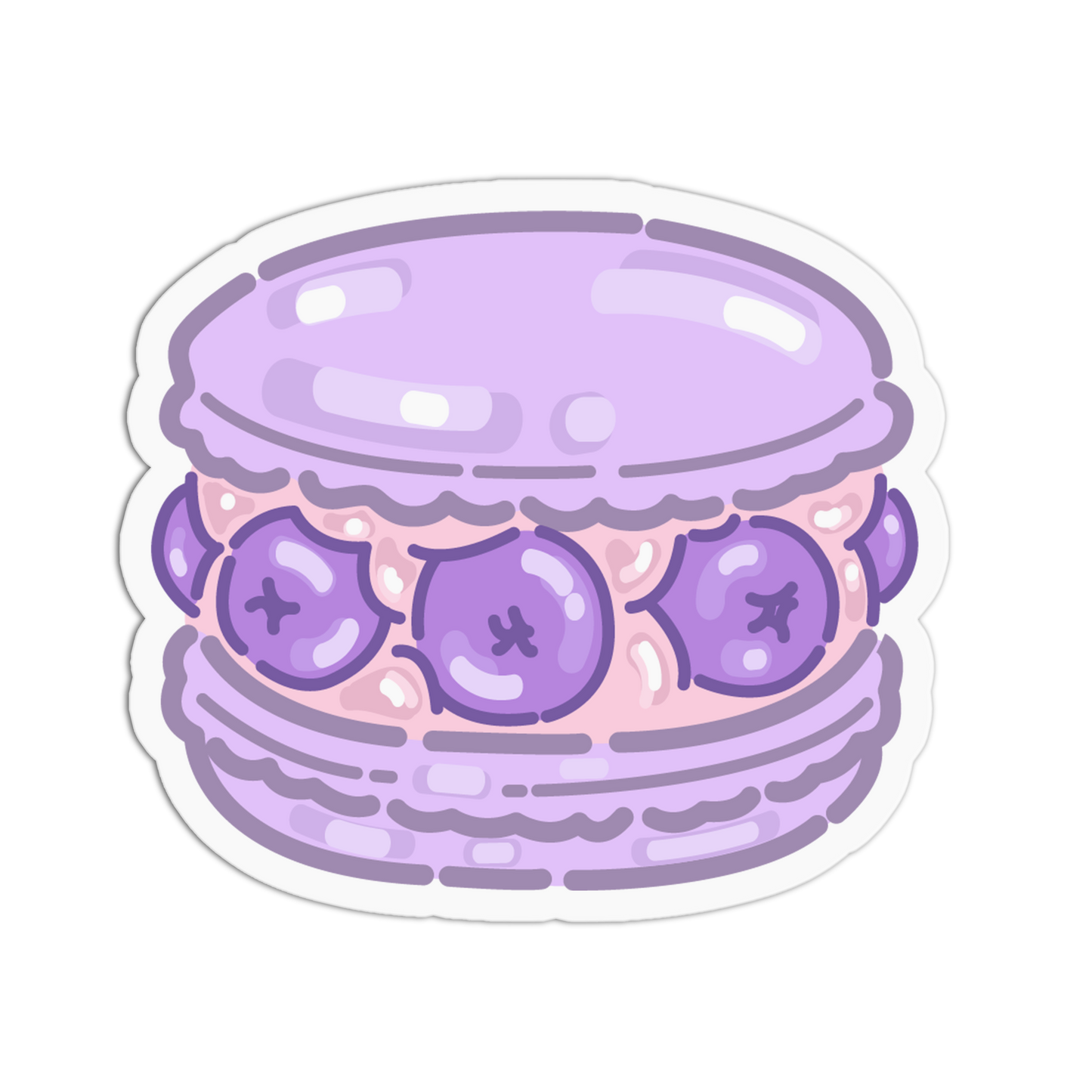 A die-cut sticker featuring a cute, cartoon-style purple macaron with blueberry filling, shown on a plain white background.