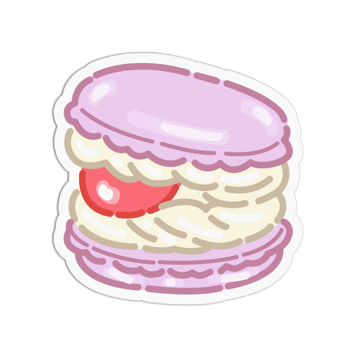 A die-cut sticker featuring a cute cartoon illustration of a pink macaron with cream filling and a red cherry, shown on a plain white background.