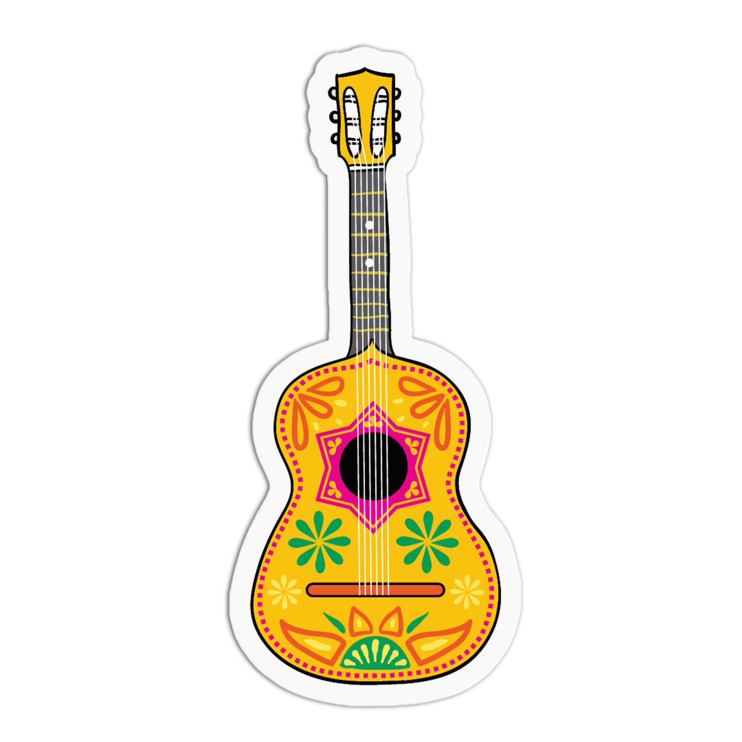 A die-cut sticker of a guitar with a vibrant, colorful folk-art design. The guitar features a yellow body decorated with pink, green, and orange patterns, a black neck, and a white border around the sticker outline, shown on a plain white background.
