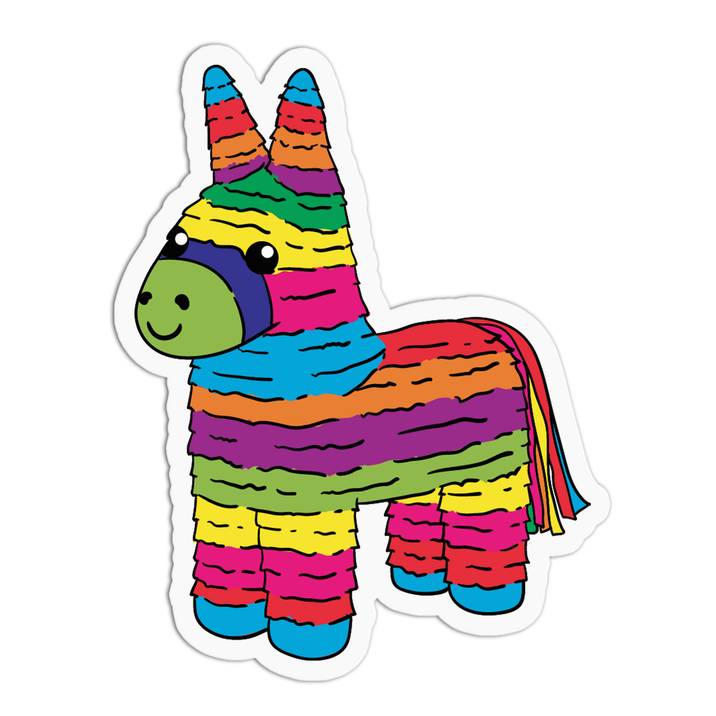 A die-cut vinyl sticker of a colorful rainbow-striped donkey piñata, shown on a solid white background.
