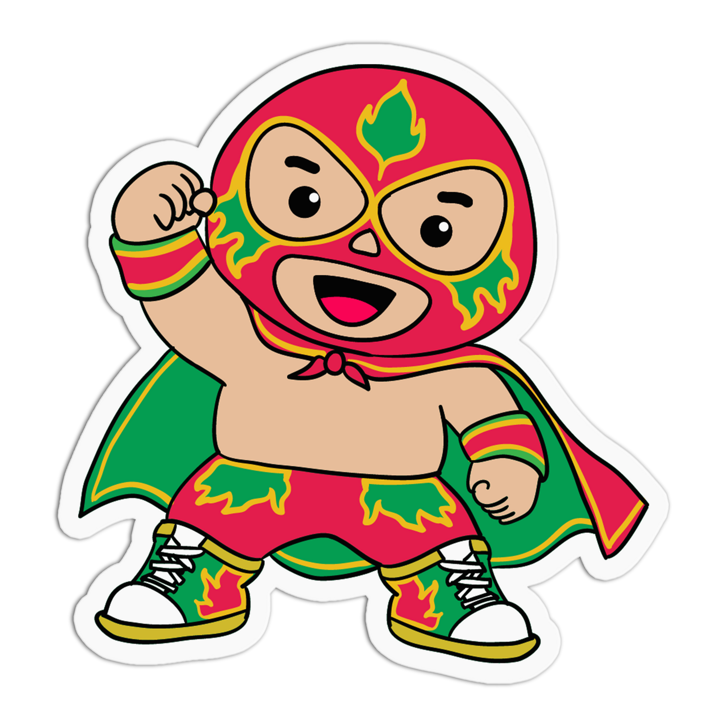 A cartoon-style die-cut sticker of a colorful lucha libre wrestler character on a plain white background.