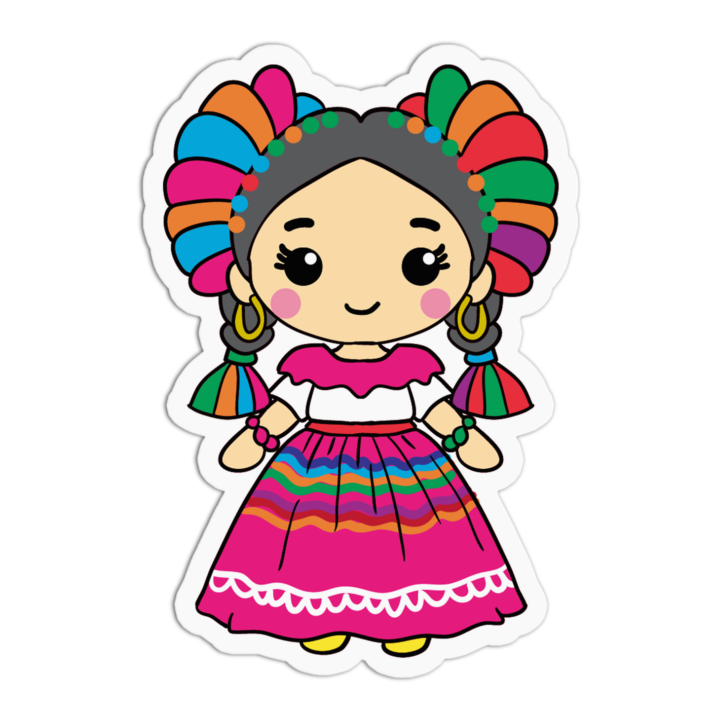 A cartoon-style die-cut sticker of a smiling girl with colorful braided hair and a bright pink dress with rainbow stripes, shown on a plain white background.