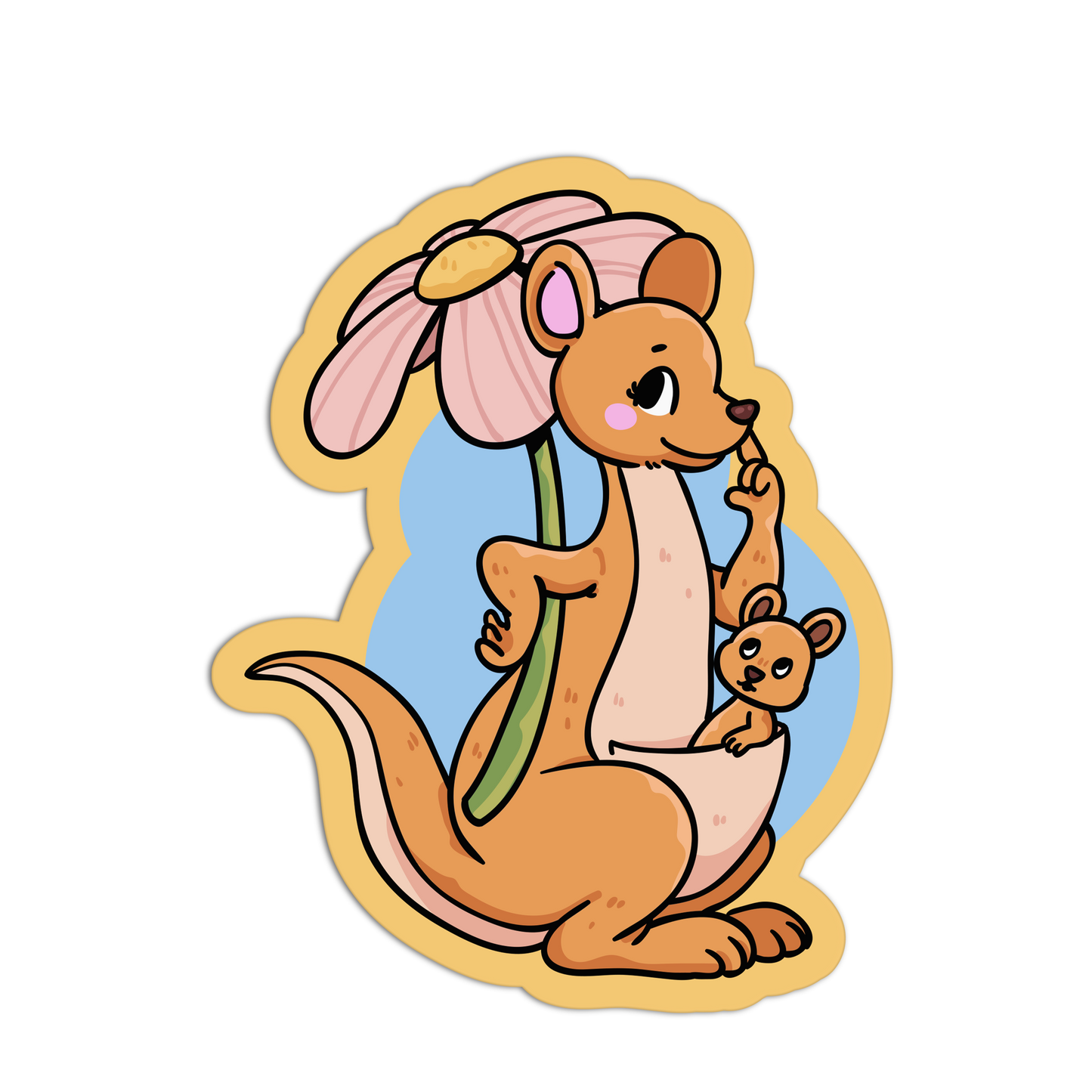 Cartoon kangaroo holding a pink flower with a baby kangaroo on its back against a white background