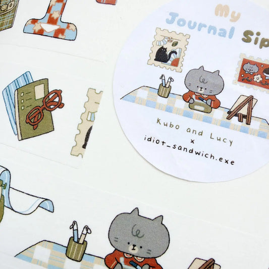 Sticker sheet with cartoon cat characters and stationery items on a white background.