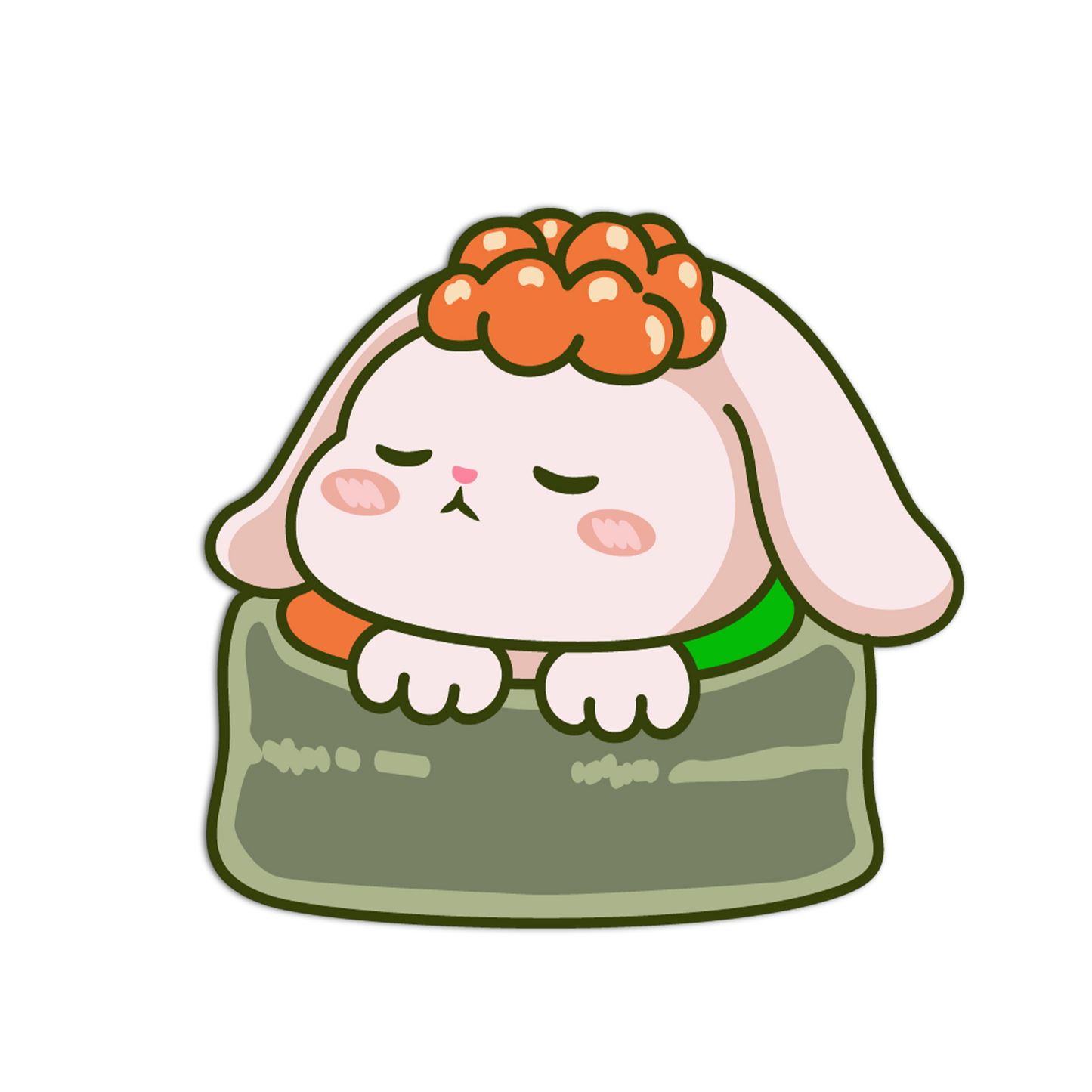 Cartoon rabbit character with a green outfit and orange headband on a white background
