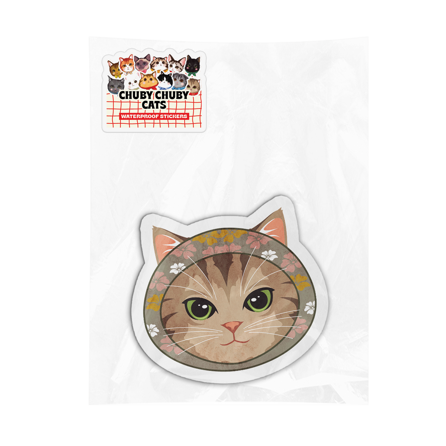 Brown Cat with Flower Headscarf - Chuby Chuby Cats Sticker