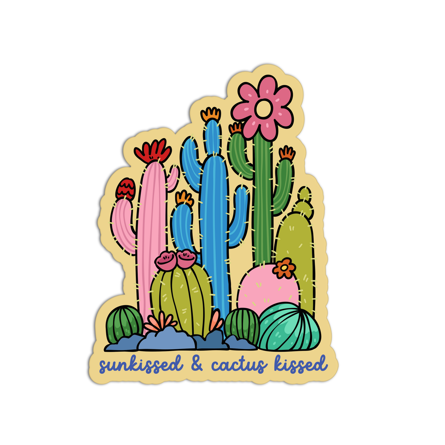 Colorful sticker with cacti and flowers on a white background