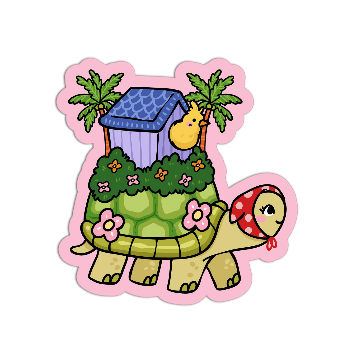 Cartoon turtle with a house on its back, surrounded by palm trees and flowers on a pink background