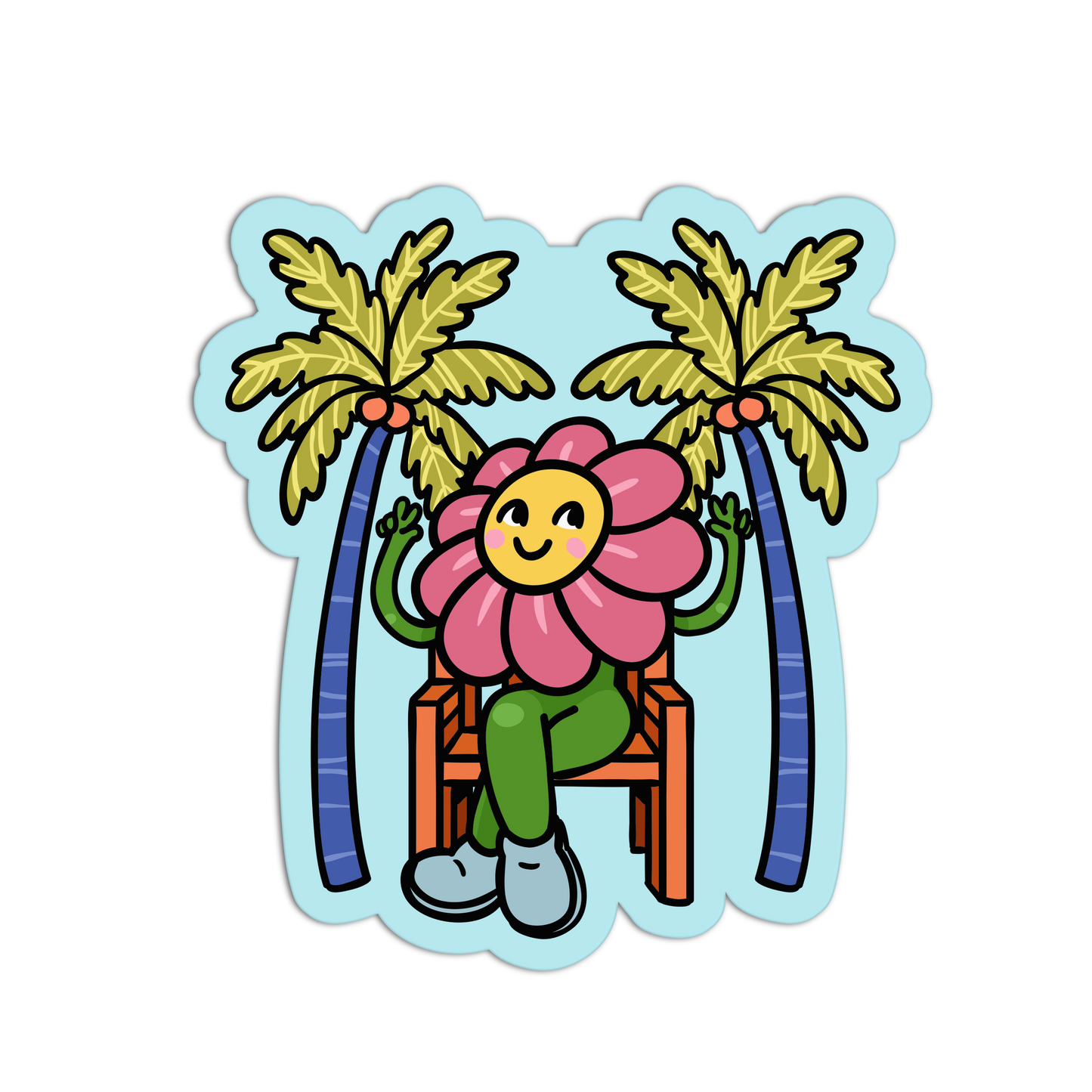 Sticker of a flower character sitting on a chair between two palm trees with a light blue background