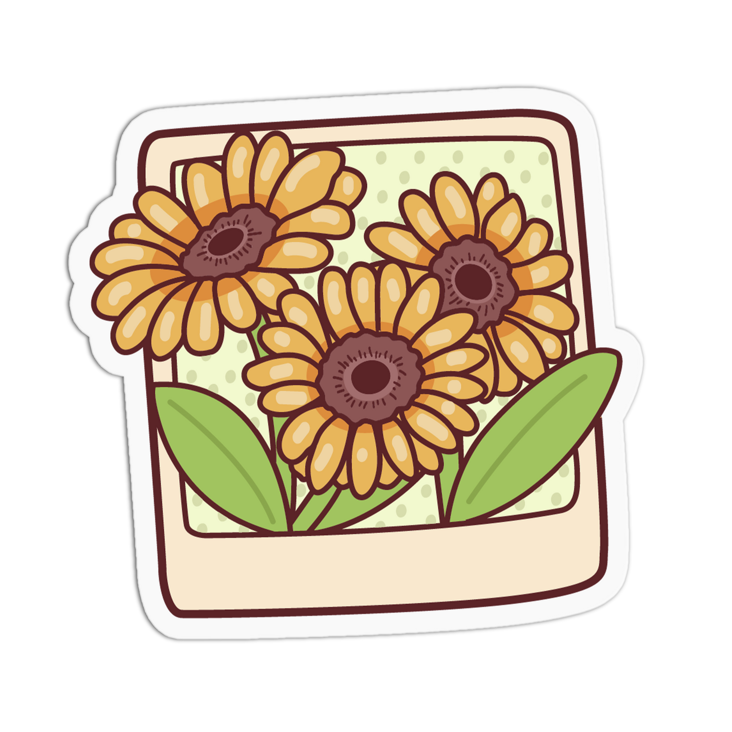 A die-cut sticker featuring a retro-style Polaroid photo frame illustration with three yellow sunflowers, green leaves, and a cream border on a white background.