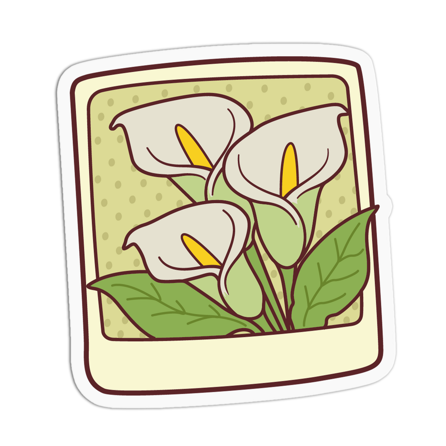 A die-cut sticker featuring a retro-style Polaroid photo frame illustration with three white calla lilies, yellow centers, and green leaves on a light beige background with subtle polka dots.