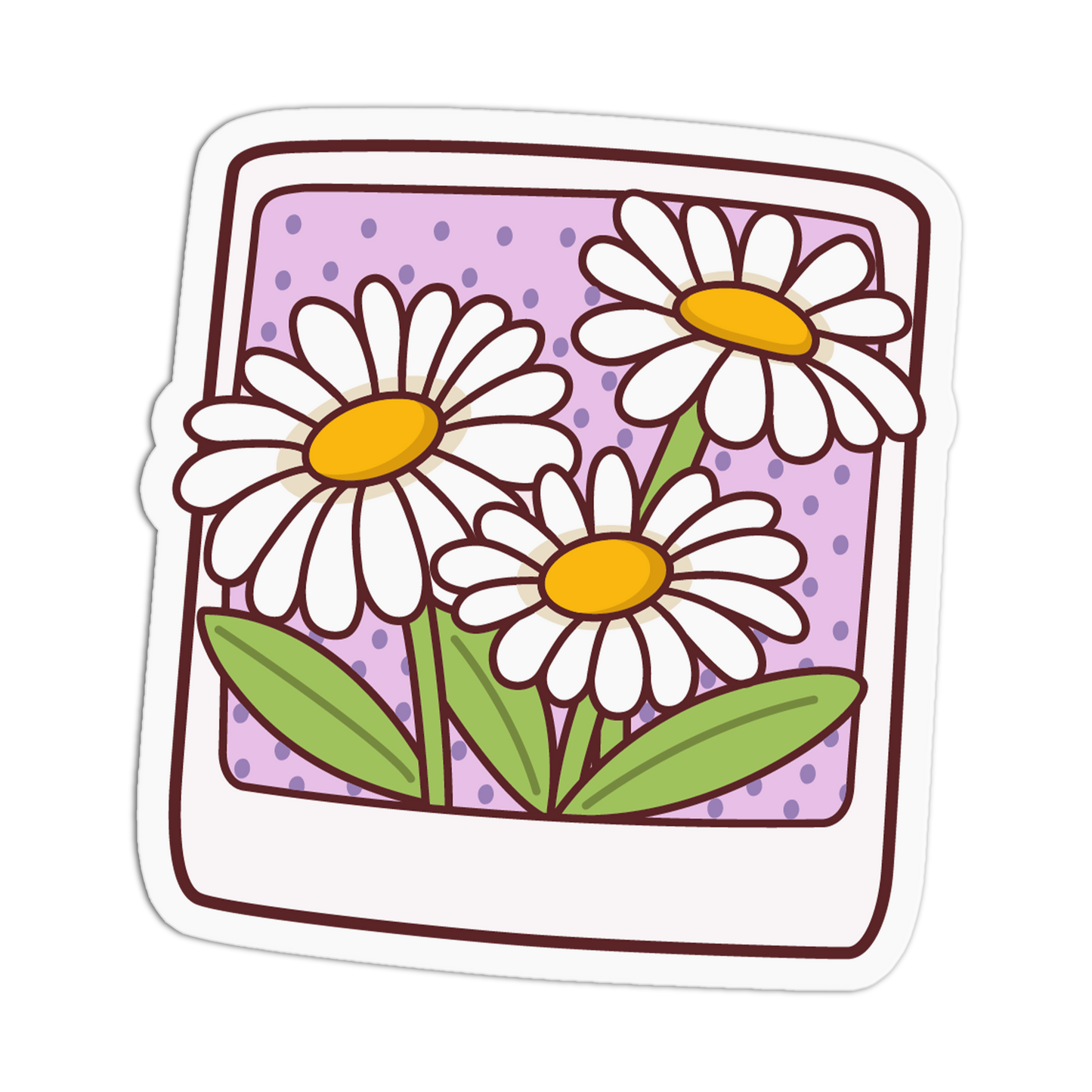 A die-cut sticker featuring a retro-style polaroid frame with three white daisies that have yellow centers and green stems, set against a light purple dotted background.