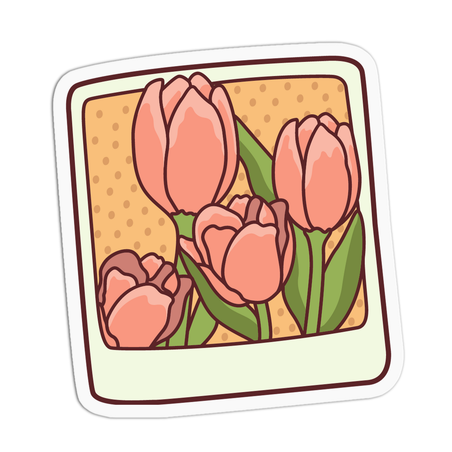A square sticker or art print featuring a stylized illustration of four pink tulips with green leaves on a tan dotted background, surrounded by a white border and dark brown outline.