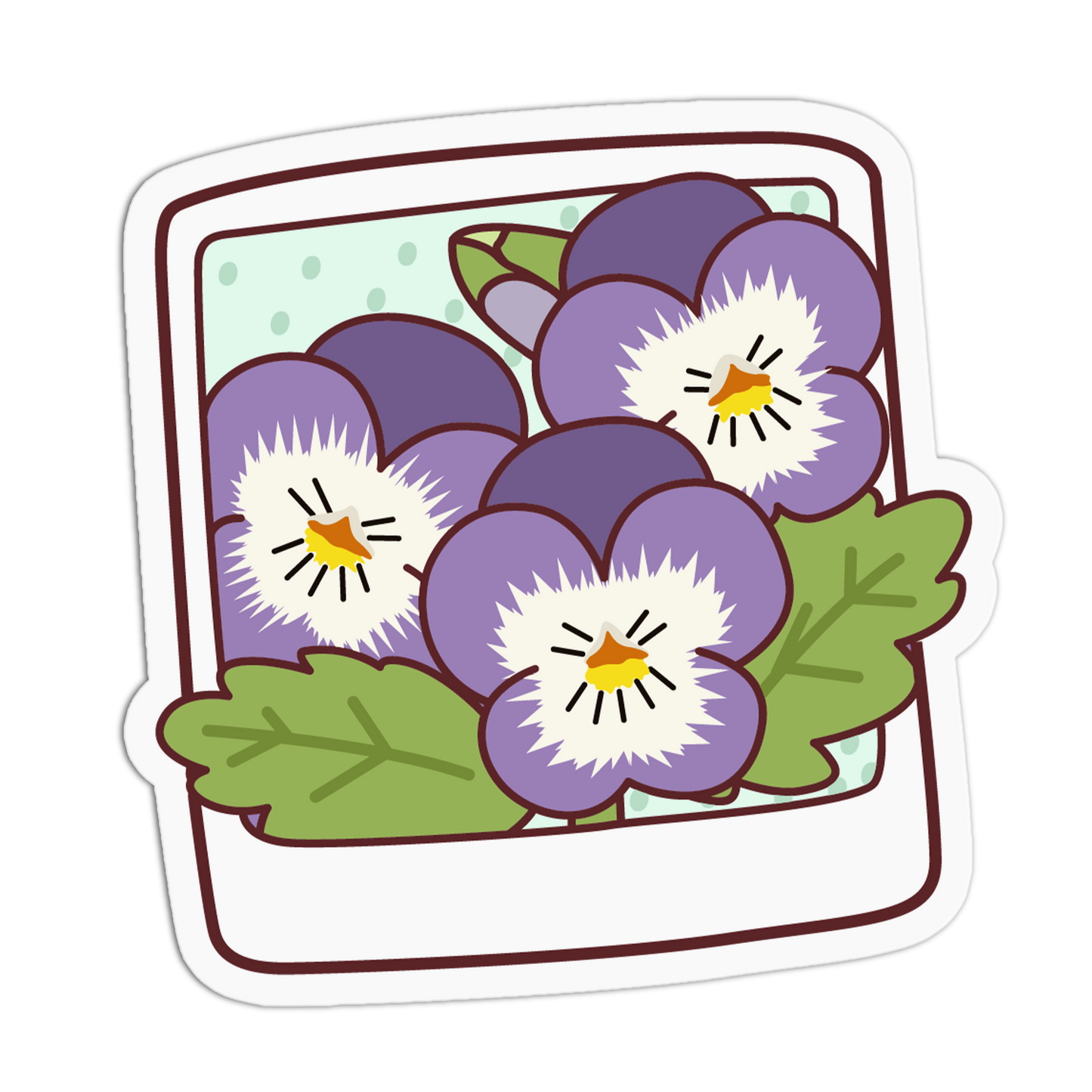 A die-cut sticker featuring a cartoon illustration of four purple pansies with white centers and green leaves, set inside a white polaroid-style frame with a brown border on a white background.