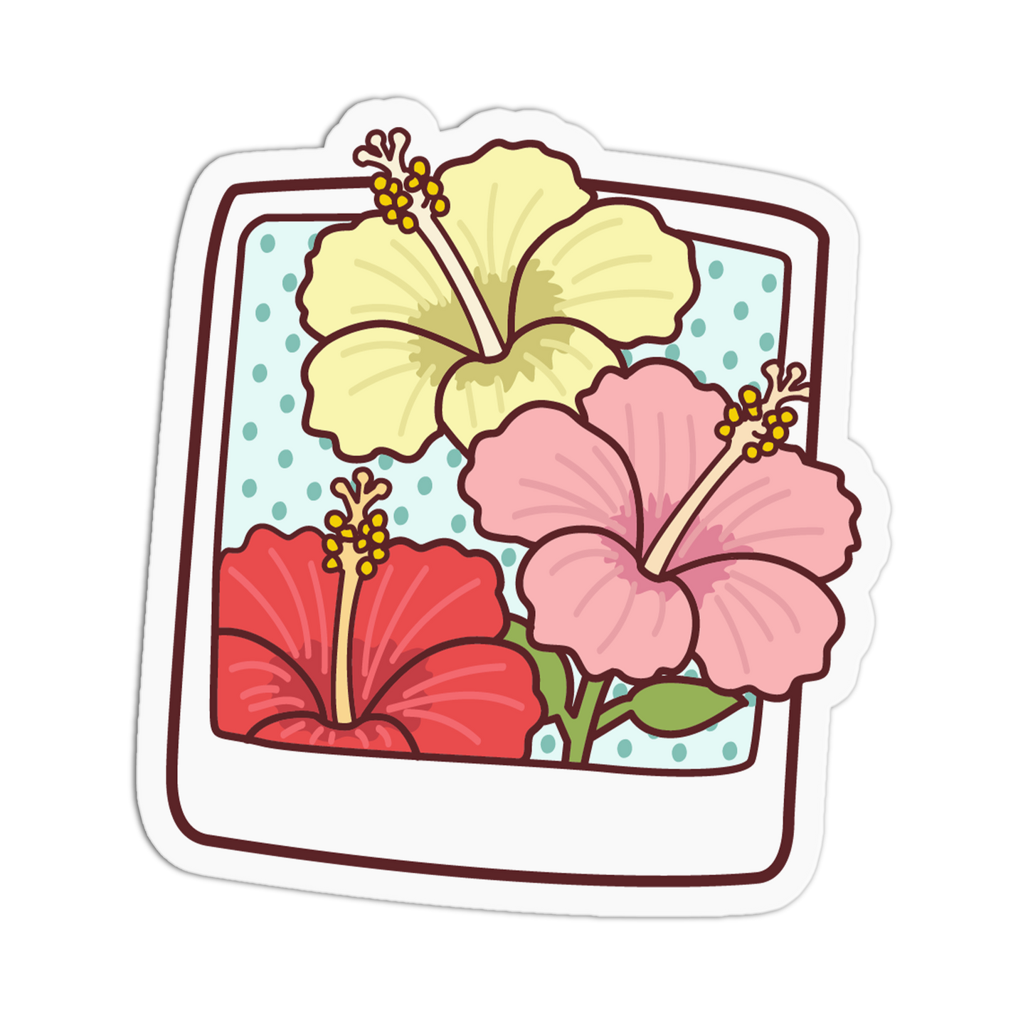 A die-cut sticker featuring a retro polaroid-style frame with three hibiscus flowers in yellow, pink, and red on a light blue dotted background.