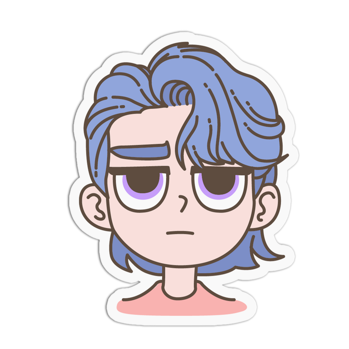 A cartoon-style die-cut sticker featuring a character with light blue hair, a frowning expression, and purple eyes on a white background.