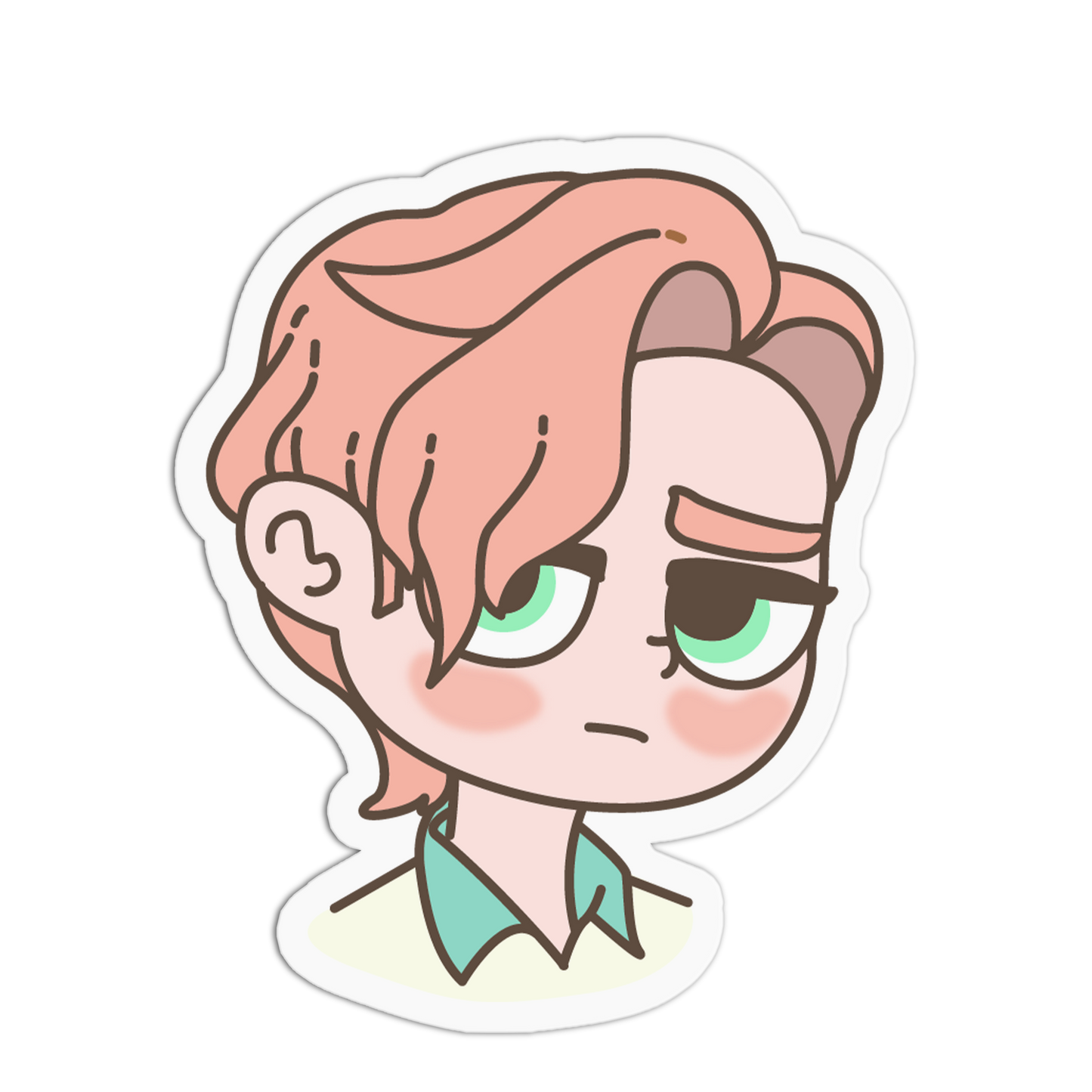 A die-cut cartoon sticker featuring a chibi-style character head with peach-pink hair, green eyes, and a sad expression, shown on a plain white background.