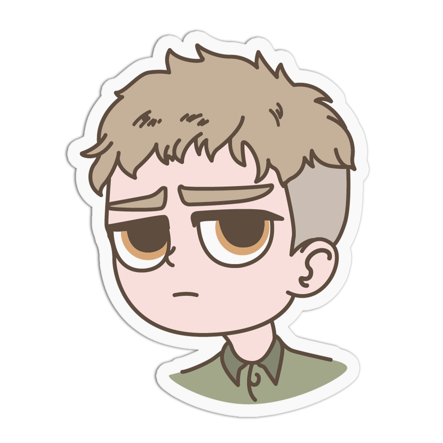 A die-cut cartoon sticker featuring a male character with brown hair, large brown eyes, and a sad expression, wearing an olive green shirt on a white background.