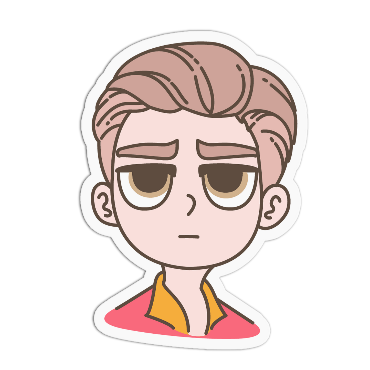 A cartoon-style die-cut sticker featuring a male character with brown hair, brown eyes, and a neutral expression, wearing a yellow shirt and pink jacket, shown on a plain white background.