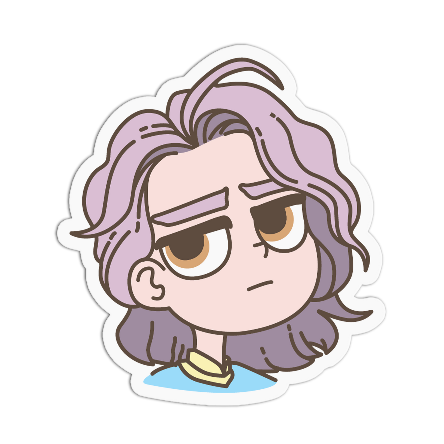 A cartoon-style die-cut sticker featuring a character with lavender-purple hair, brown eyes, and a skeptical expression, shown on a plain white background.