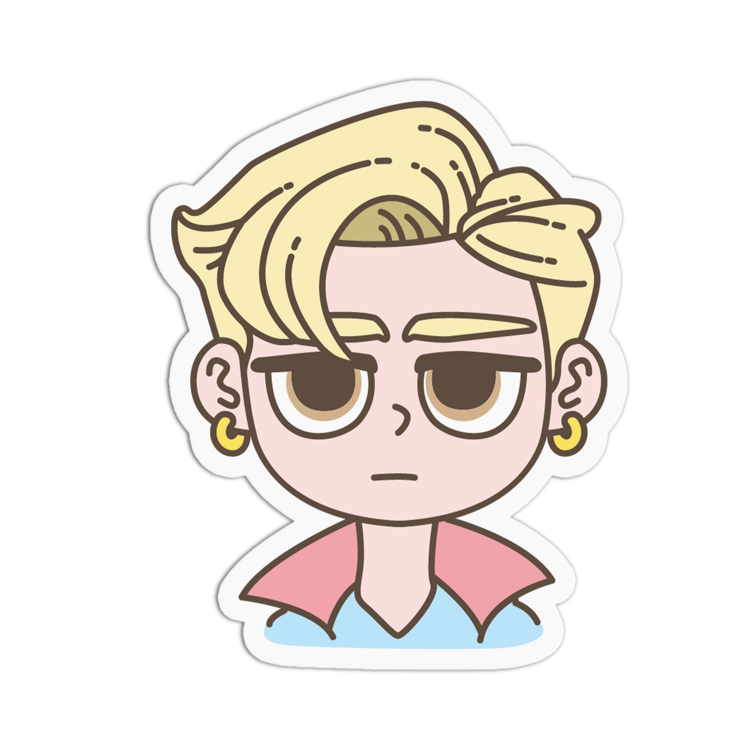 A cartoon-style die-cut sticker featuring a chibi character with blonde hair, brown sunglasses, gold hoop earrings, and a pink-and-blue top, shown on a plain white background.