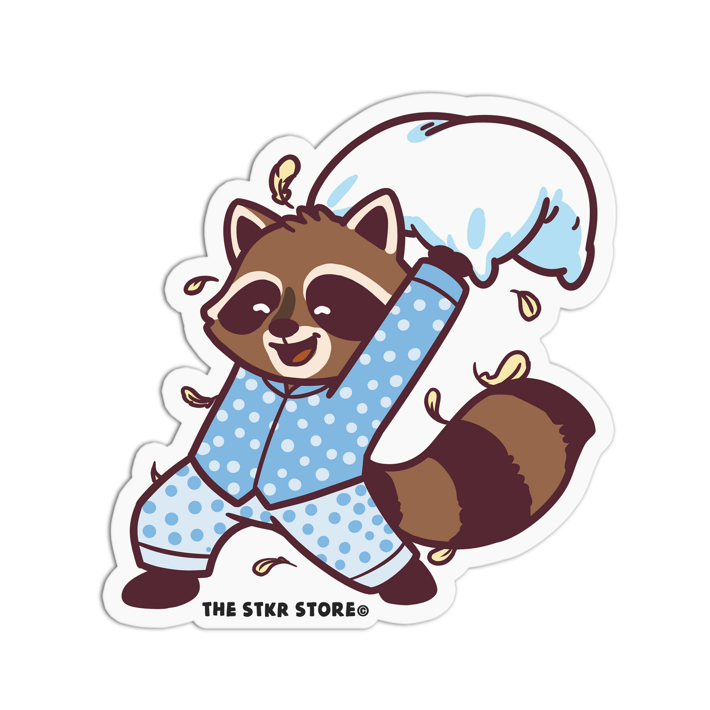 Cartoon raccoon in pajamas dabbing with ice cream, from The Stkr Store.
