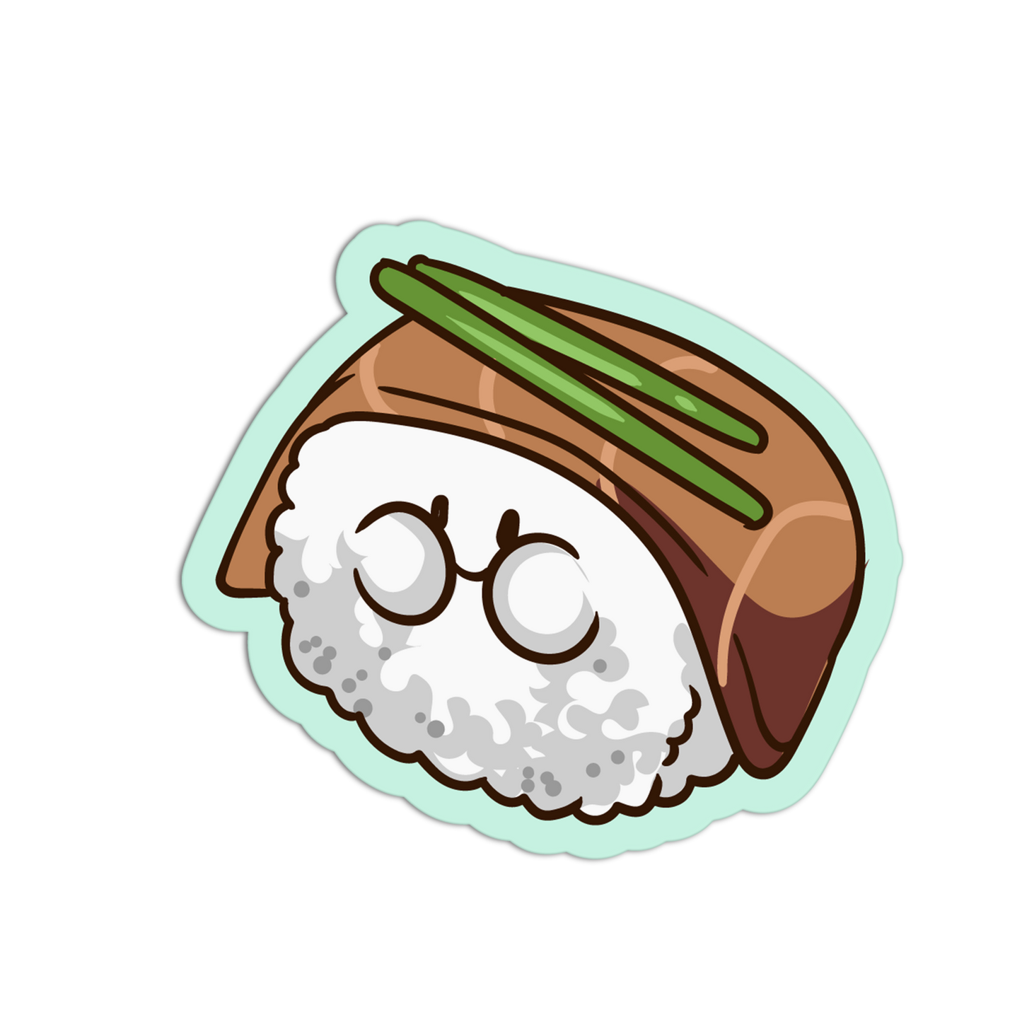 Cartoon-style rice ball with a face on a white background