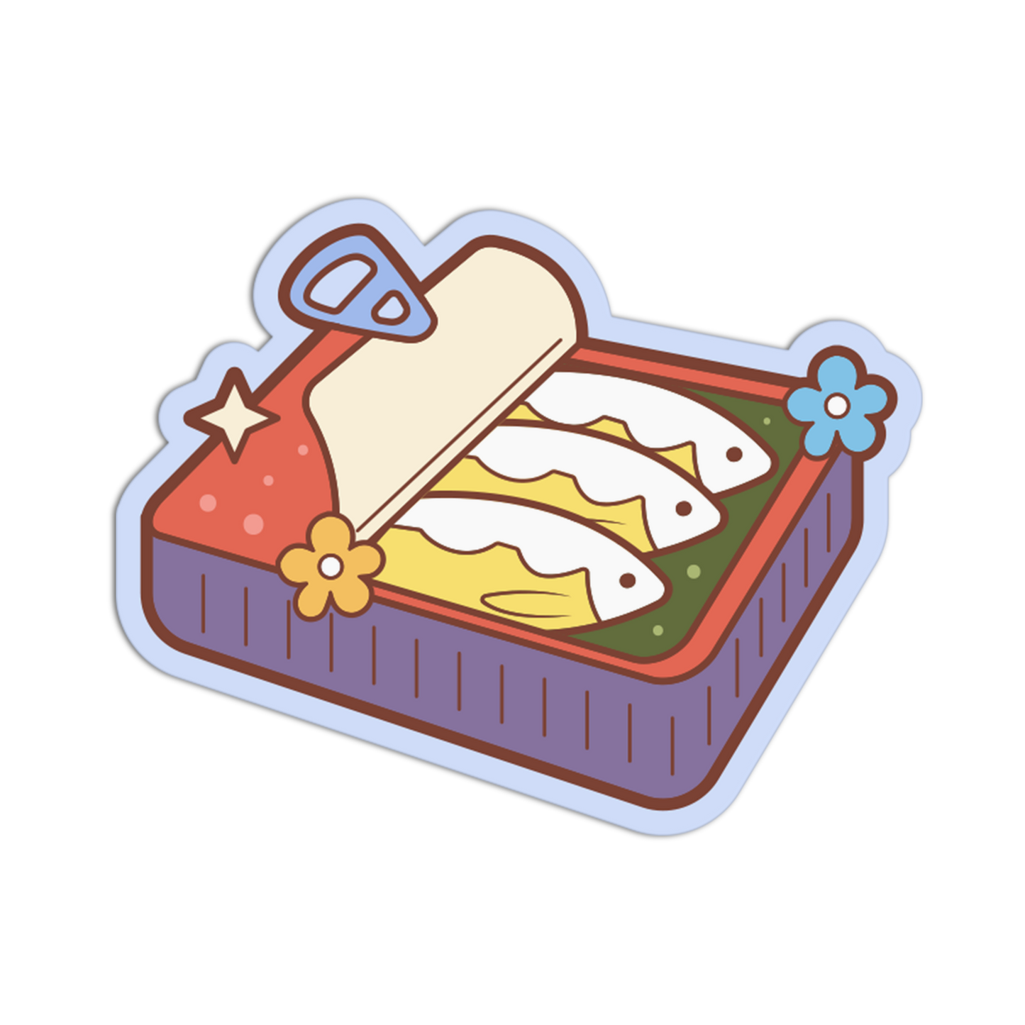 Illustration of a bento box with fish and rice on a white background