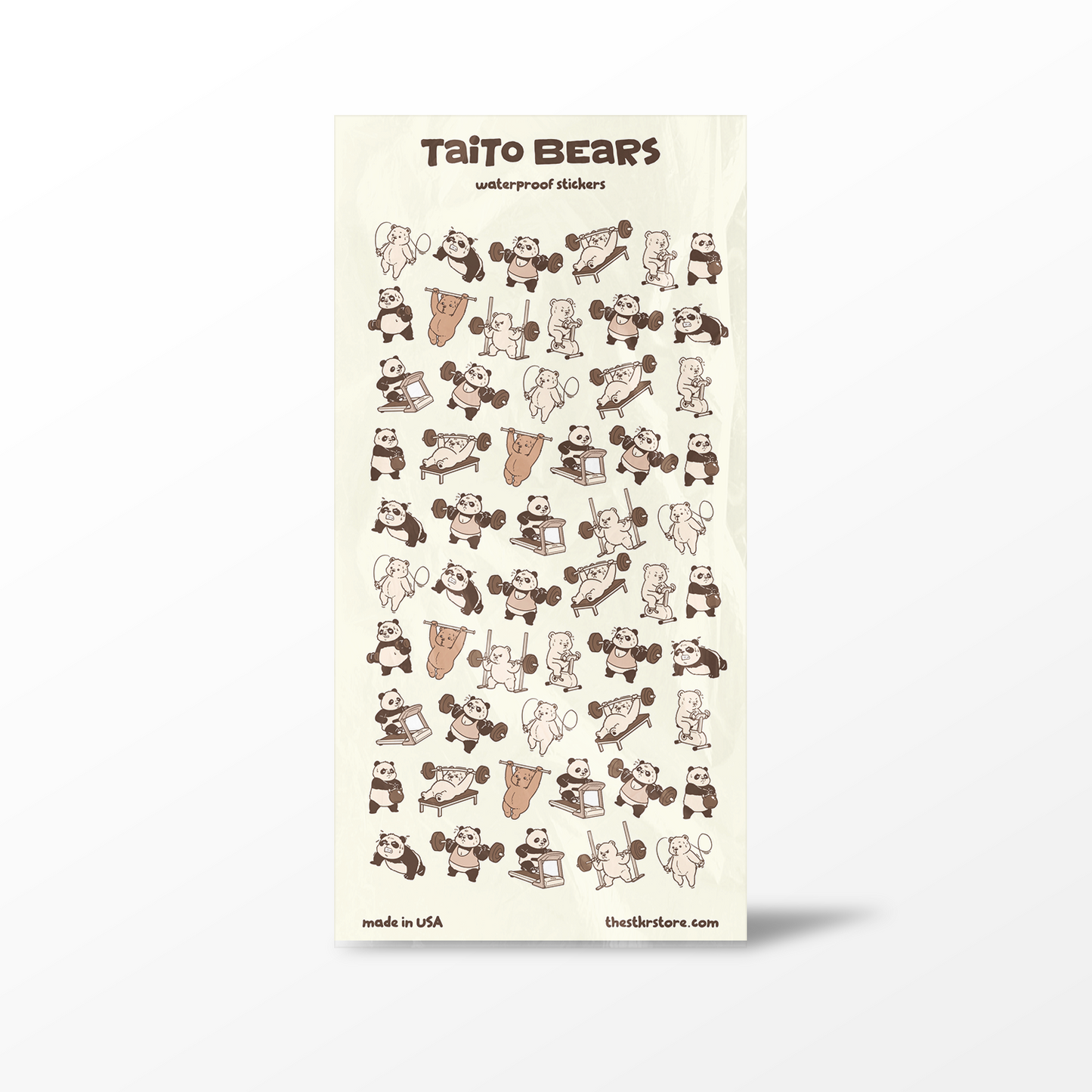 Sheet of Taito Bears waterproof stickers with various bear illustrations on a beige background.