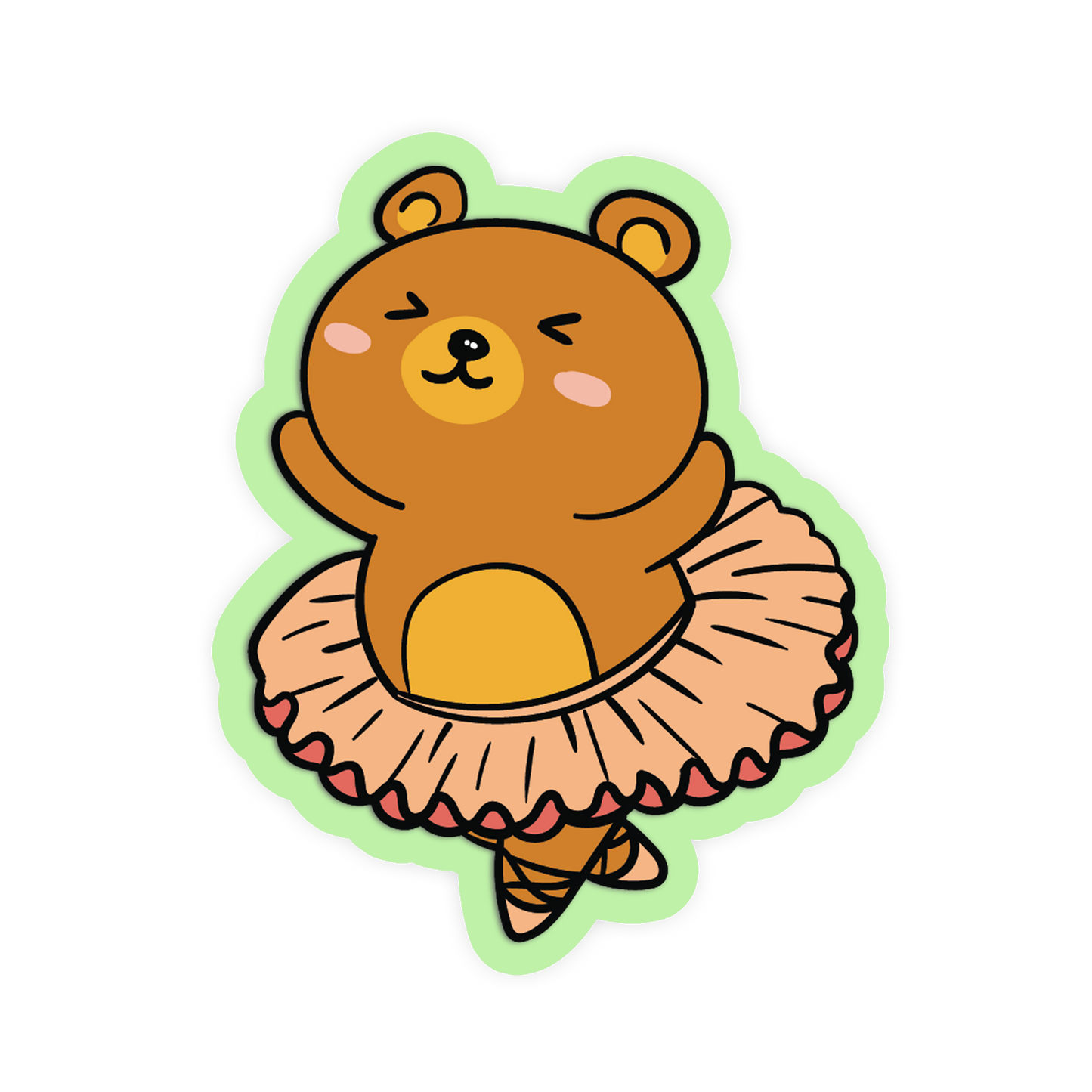 Cartoon bear in a ballet outfit with a green border on a white background