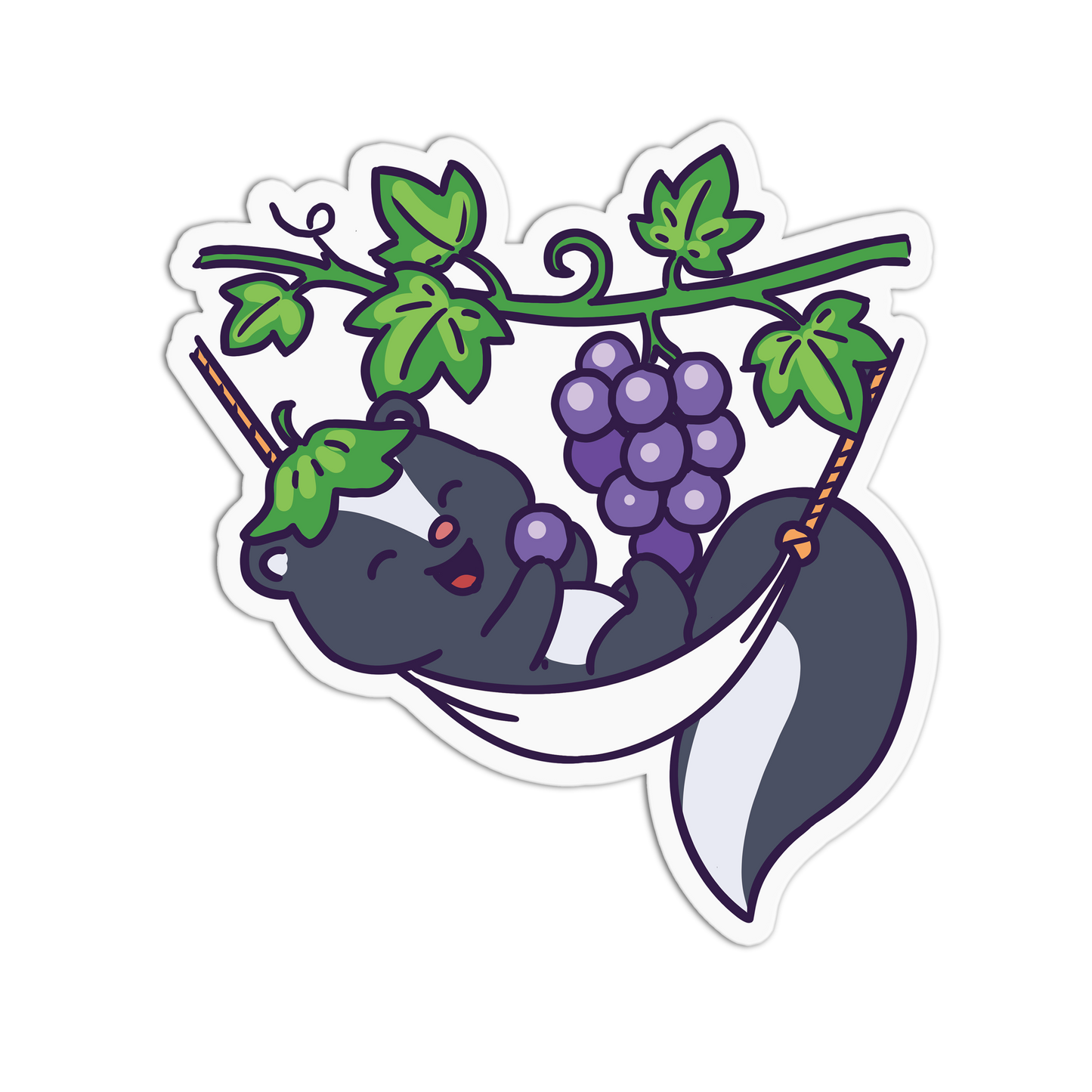 Sticker of a cartoon sloth sitting on a branch with grapes, on a white background.