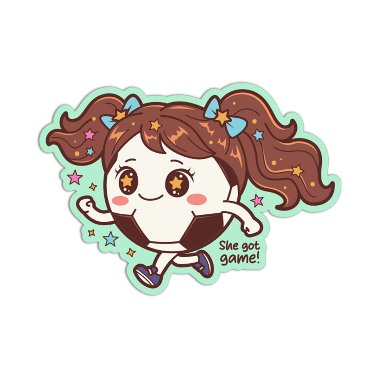 Cartoon character with brown hair and a green border on a white background