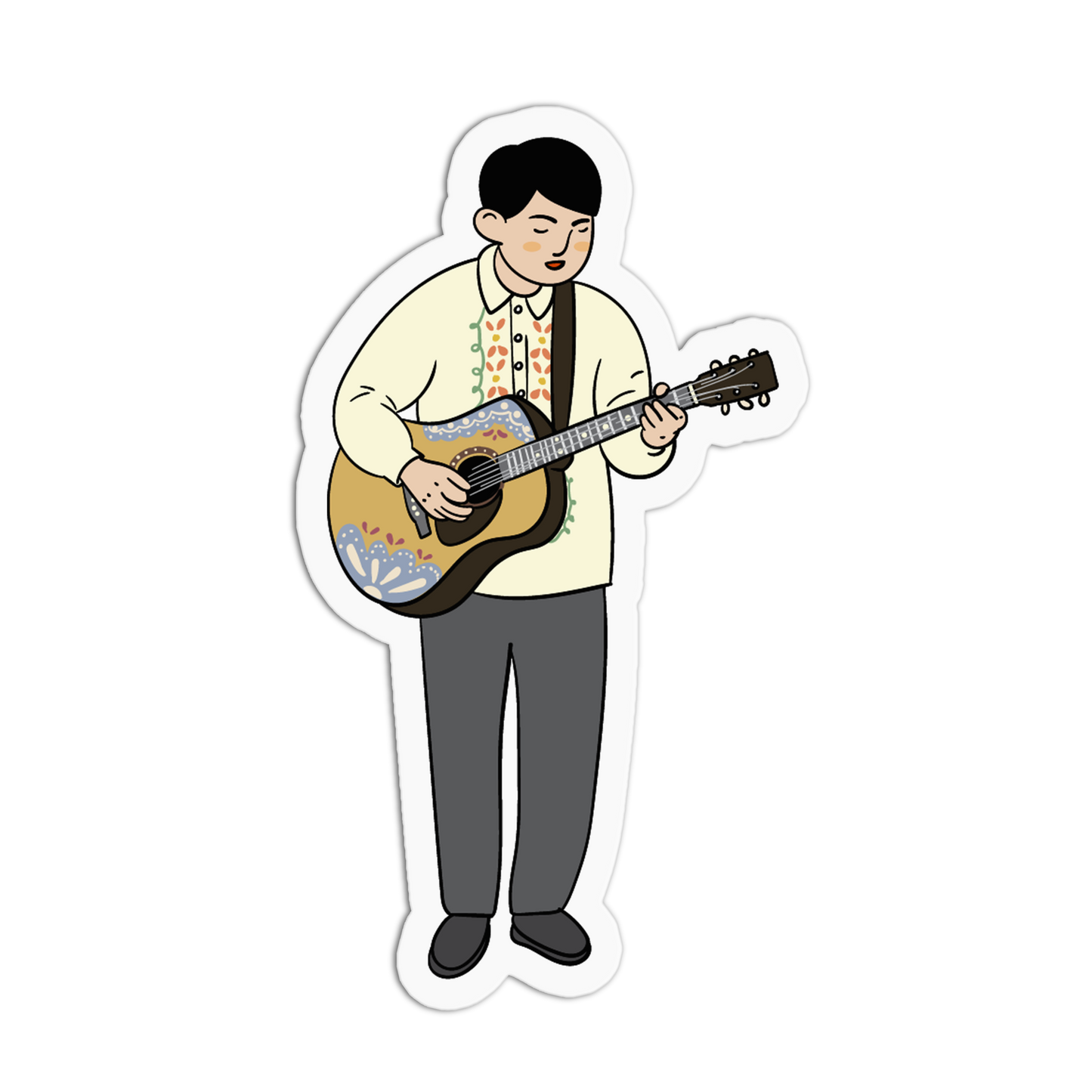 A die-cut sticker featuring a cartoon illustration of a man playing an acoustic guitar, shown on a plain white background.
