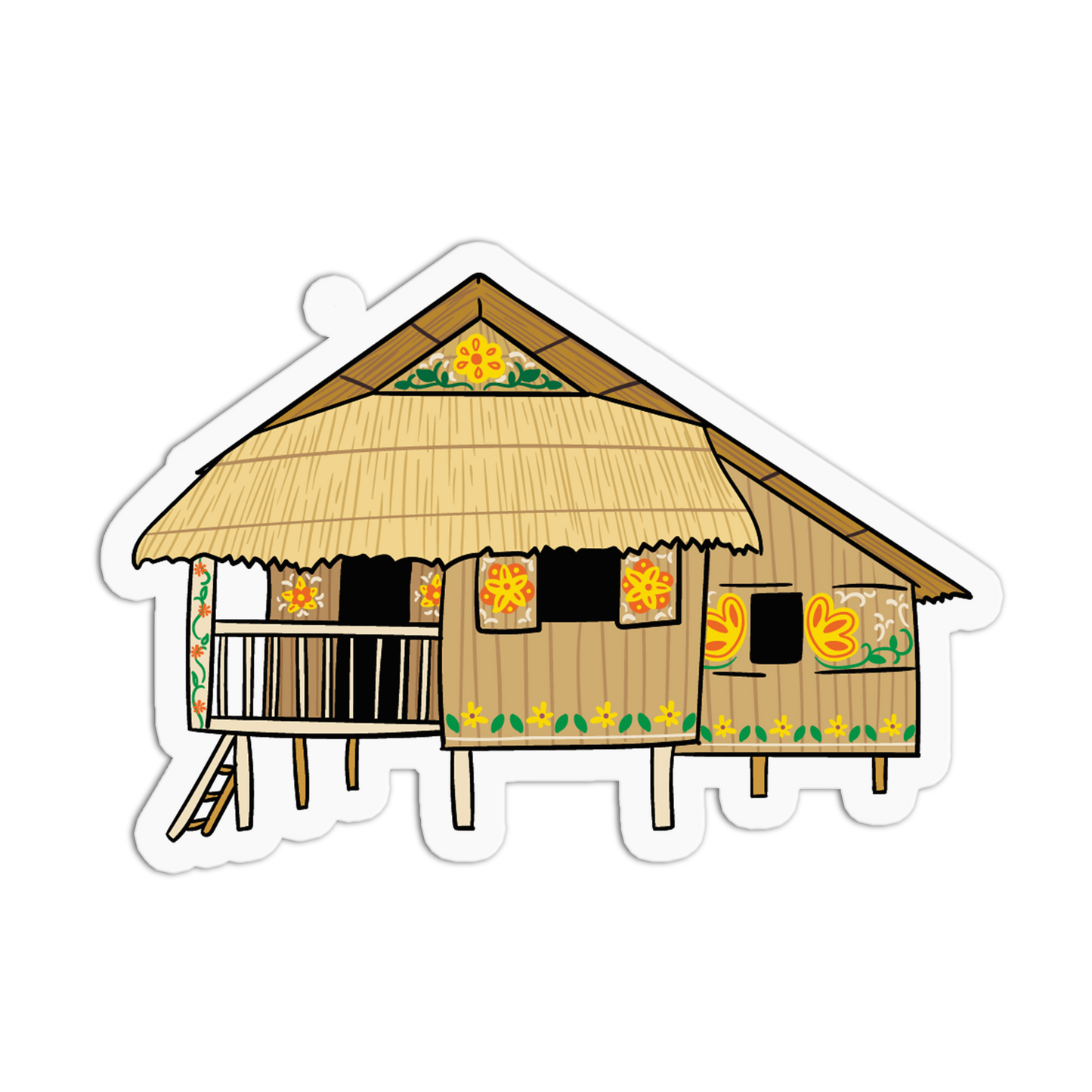 A die-cut vinyl sticker featuring a hand-drawn illustration of a traditional wooden house with a thatched roof, yellow flowers, and green accents, shown on a plain white background.