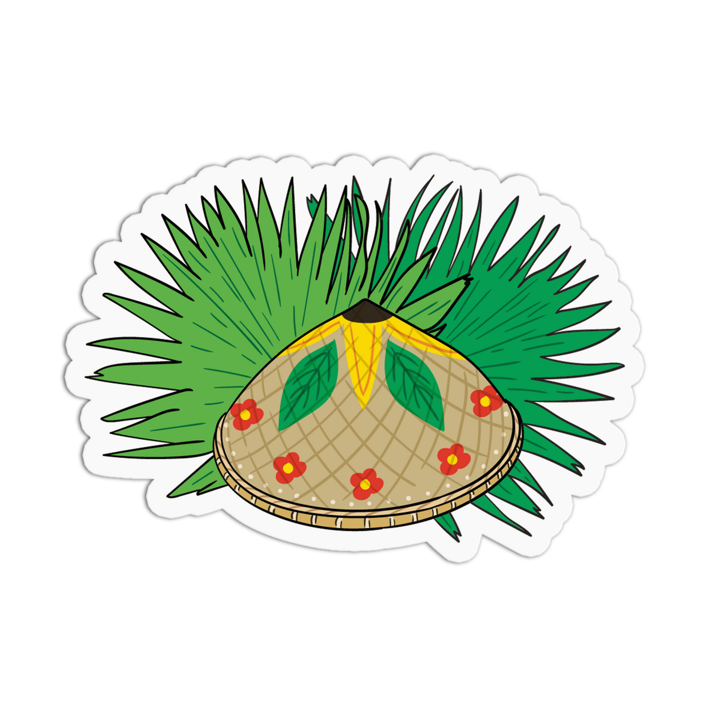 A die-cut sticker featuring a stylized illustration of a woven straw hat with red flowers and green leaves, set against a background of green palm fronds on a white background.