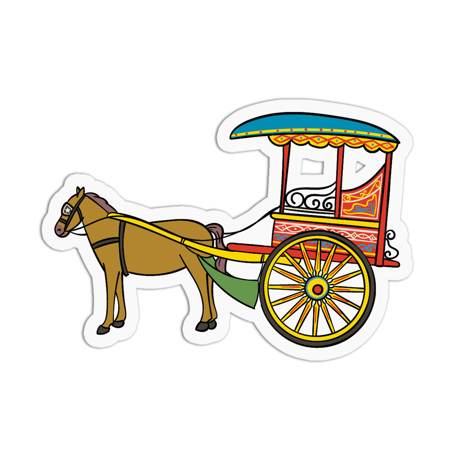 A die-cut sticker featuring a cartoon illustration of a brown horse pulling a colorful carriage with yellow wheels and a blue canopy, shown on a plain white background.