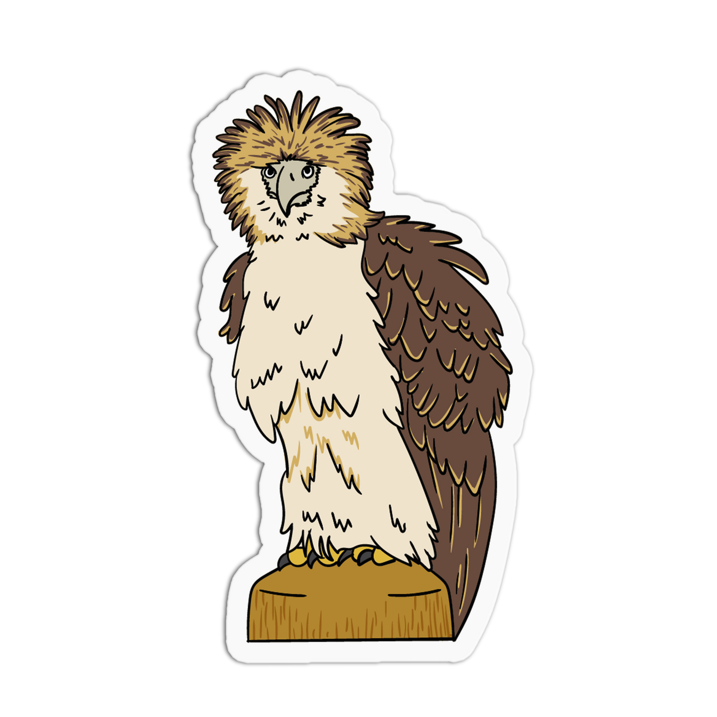 A die-cut sticker featuring a cartoon illustration of a large eagle or hawk with brown and cream feathers, standing on a tan perch, shown on a plain white background.